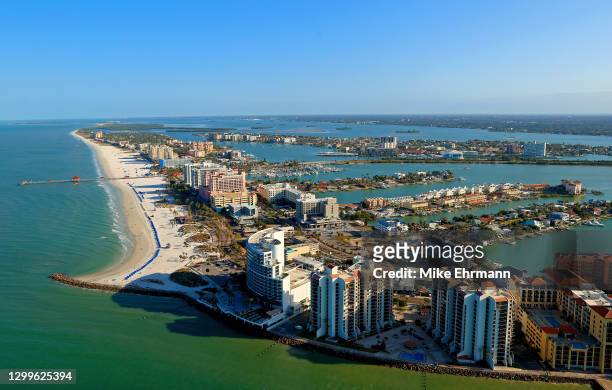 An aerial view of Clearwater Beach on January 31, 2021 in Clearwater, Florida.