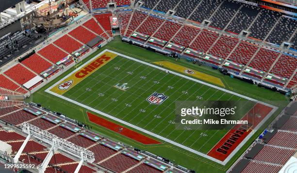 An aerial view of Raymond James Stadium ahead of Super Bowl LV on January 31, 2021 in Tampa, Florida.