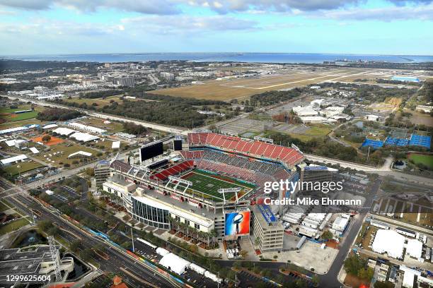 An aerial view of Raymond James Stadium ahead of Super Bowl LV on January 31, 2021 in Tampa, Florida.
