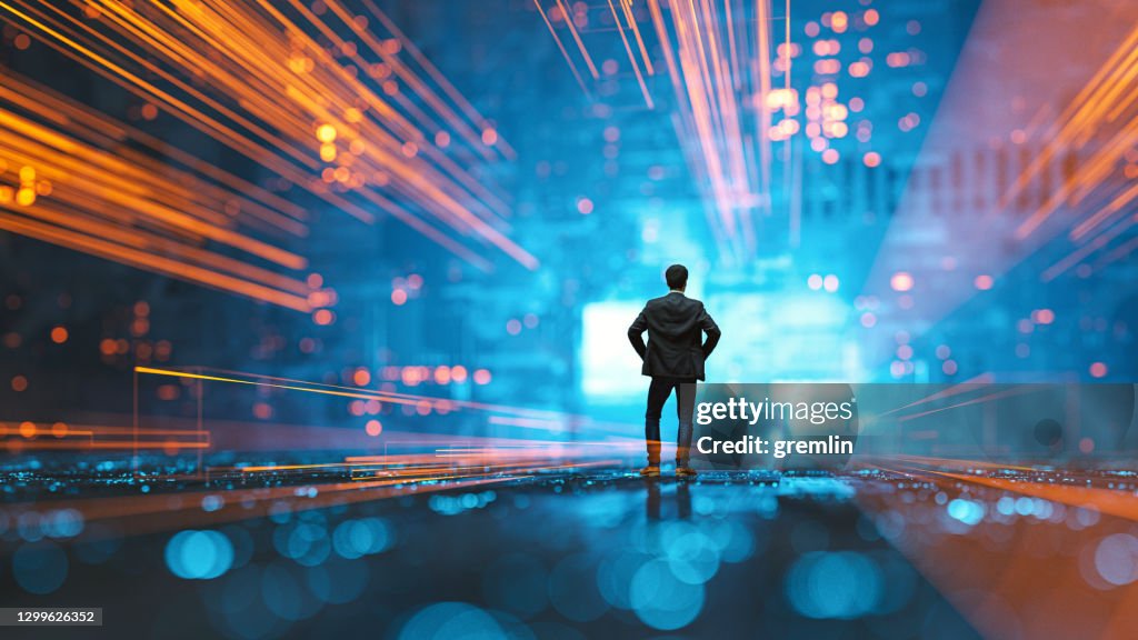 Futuristic city VR wire frame with businessman standing