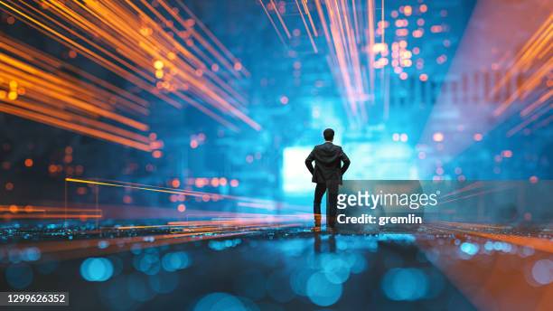 futuristic city vr wire frame with businessman standing - big data imagens e fotografias de stock