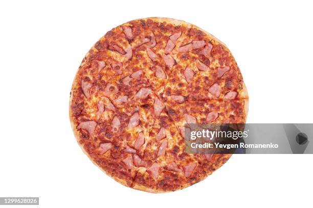 pizza with ham isolated on a white background - pepperoni pizza overhead stock-fotos und bilder