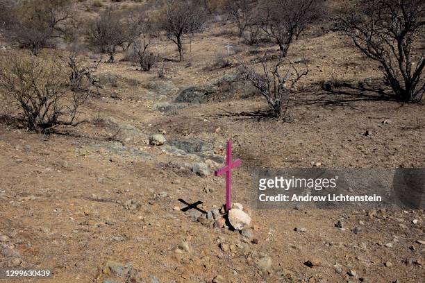 Crosses left by border activists mark the locations where the remains of migrants who died trying to cross into the United States through the harsh...
