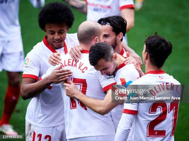 Joan Jordan of Sevilla FC celebrates after scoring his team's second goal during the La Liga Santander match between SD Eibar and Sevilla FC at...
