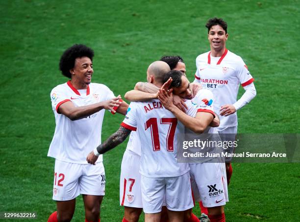 Joan Jordan of Sevilla FC celebrates after scoring his team's second goal during the La Liga Santander match between SD Eibar and Sevilla FC at...