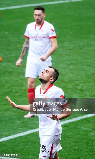 Joan Jordan of Sevilla FC celebrates after scoring his team's second goal during the La Liga Santander match between SD Eibar and Sevilla FC at...