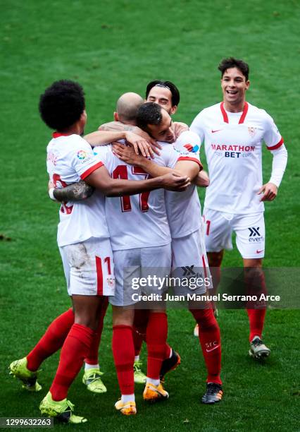 Joan Jordan of Sevilla FC celebrates after scoring his team's second goal during the La Liga Santander match between SD Eibar and Sevilla FC at...