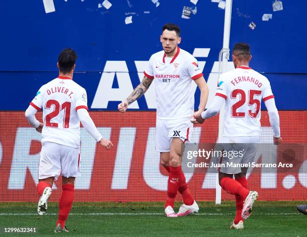 Lucas Ocampos of Sevilla FC celebrates after scoring goal during the La Liga Santander match between SD Eibar and Sevilla FC at Estadio Municipal de...