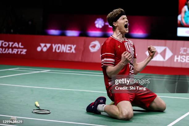 Anders Antonsen of Denmark celebrates the victory in the Men’s Single final match against Viktor Axelsen of Denmark on day five of the HSBC BWF World...