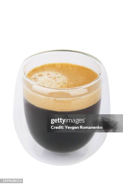 espresso coffee in a transparent cup, isolated on white background - black cup saucer stock pictures, royalty-free photos & images