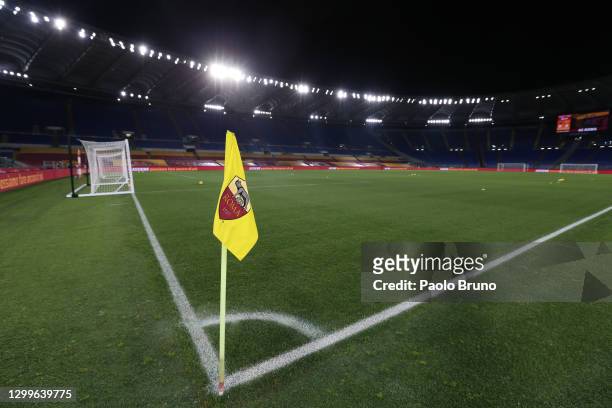Detailed view of a corner flag ahead of the Serie A match between AS Roma and Hellas Verona FC at Stadio Olimpico on January 31, 2021 in Rome, Italy....