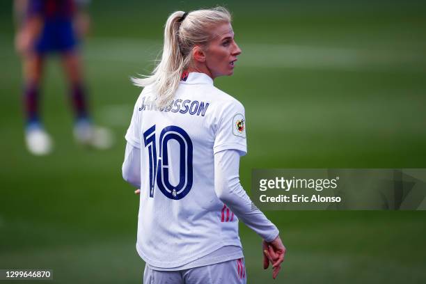 Sofia Jakobsson of Real Madrid looks on during the Primera Division Femenina match between FC Barcelona and Real Madrid at Johan Cruyff stadium on...