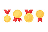 Golden trophy vector medals with ribbon, sport award, champion icons. Colored illustration