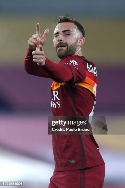 Borja Mayoral of Roma celebrates after scoring their side's third goal during the Serie A match between AS Roma and Hellas Verona FC at Stadio...