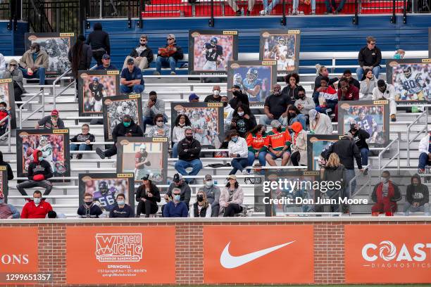 General view of the North End Zone of giant trading cards from Panini America of past alumni Senior Bowl players in the stands during the 2021...