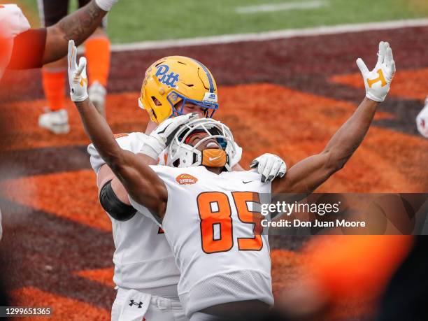 Wide Receiver Josh Palmer from Tennessee of the American Team celebrates his touchdown during the 2021 Resse's Senior Bowl at Hancock Whitney Stadium...