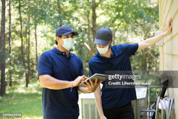 los trabajadores del inspector o del collar azul examinan las paredes de los edificios.  al aire libre. - pest fotografías e imágenes de stock