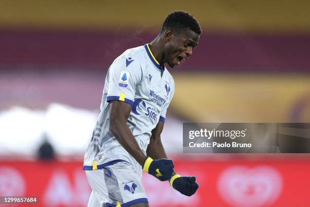 Ebrima Colley of Verona celebrates after scoring their side's first goal during the Serie A match between AS Roma and Hellas Verona FC at Stadio...