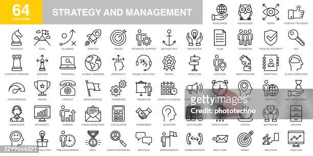 modern universal business strategy and management line icon set - business solutions stock illustrations