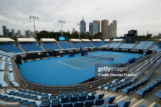 General view of Court 1573 before player practice sessions at Melbourne Park on February 01, 2021 in Melbourne, Australia. Melbourne Park is now out...