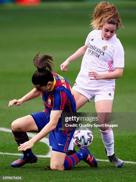 Andrea Pereira of FC Barcelona Women competes for the ball with Teresa Abelleira of Real Madrid during the Primera Division Femenina match between FC...