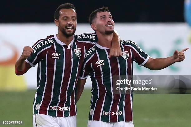 Martinelli of Fluminense celebrates with Nene after scoring a goal during a match between Fluminense and Goias as part of 2020 Brasileirao Series A...