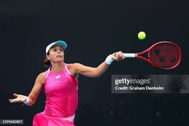 Varvara Lepchenko of the United States plays a forehand in her match against Mayo Hibi of Japan during day two of the WTA 500 Gippsland Trophy at...