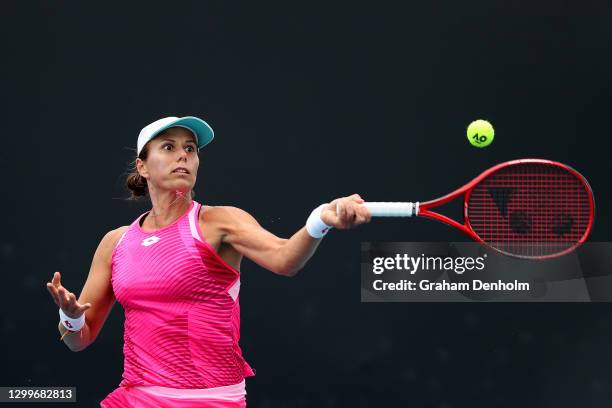 Varvara Lepchenko of the United States plays a forehand in her match against Mayo Hibi of Japan during day two of the WTA 500 Gippsland Trophy at...