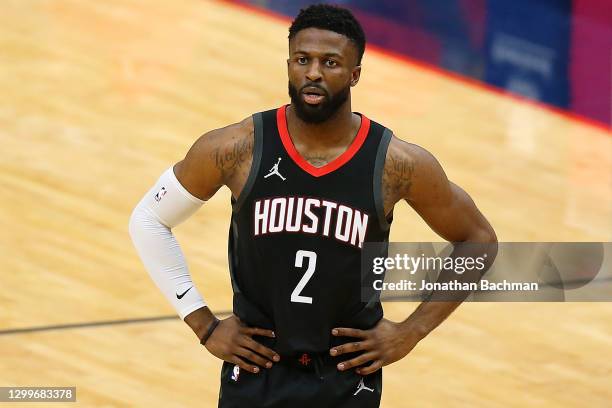 David Nwaba of the Houston Rockets reacts against the New Orleans Pelicans during a game at the Smoothie King Center on January 30, 2021 in New...