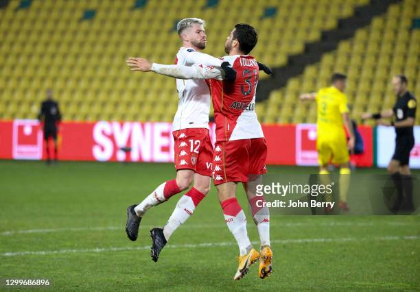 Kevin Volland of Monaco celebrates his goal with Caio Henrique during the Ligue 1 match between FC Nantes and AS Monaco at Stade de la Beaujoire on...