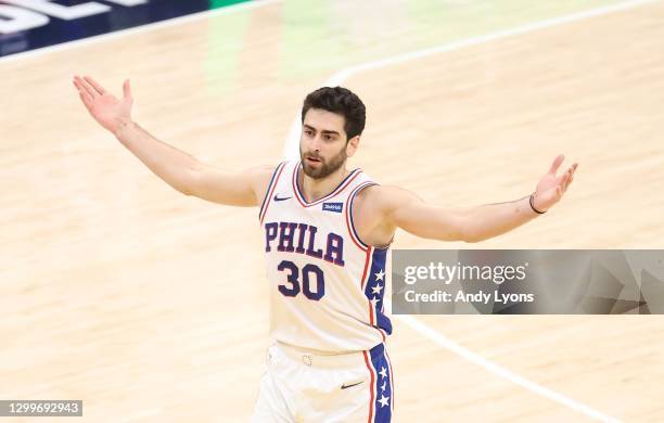 Furkan Korkmaz of the Philadelphia 76ers celebrates in the game against the Indiana Pacers at Bankers Life Fieldhouse on January 31, 2021 in...