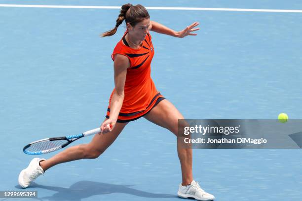 Chloe Paquet of France plays a forehand in her singles match against Destanee Aiava of Australia during day two of the WTA 500 Gippsland Trophy at...