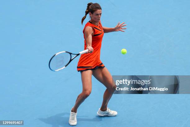 Chloe Paquet of France plays a forehand in her singles match against Destanee Aiava of Australia during day two of the WTA 500 Gippsland Trophy at...