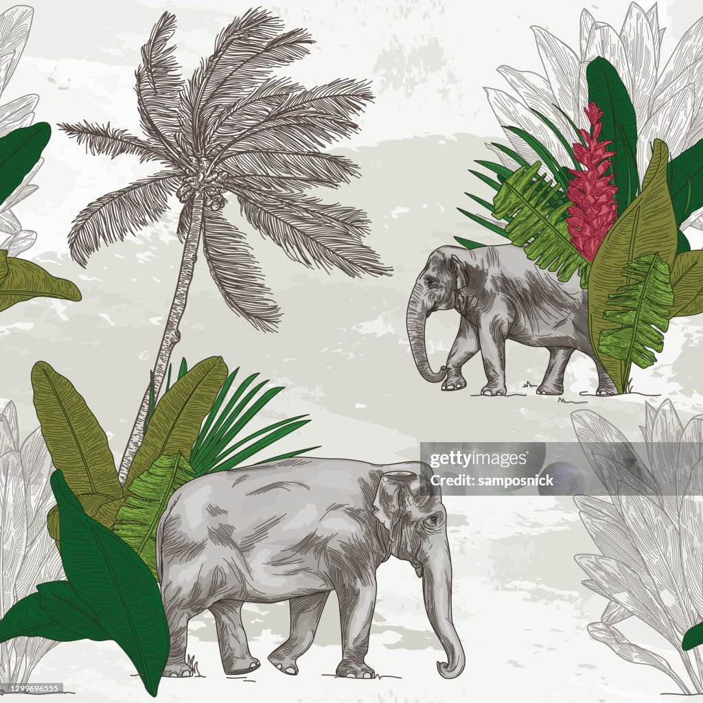 British Colonial Tropical Elephant Seamless Pattern