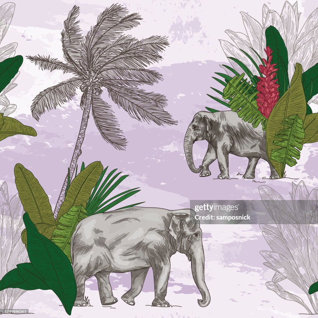 British Colonial Tropical Elephant Seamless Pattern