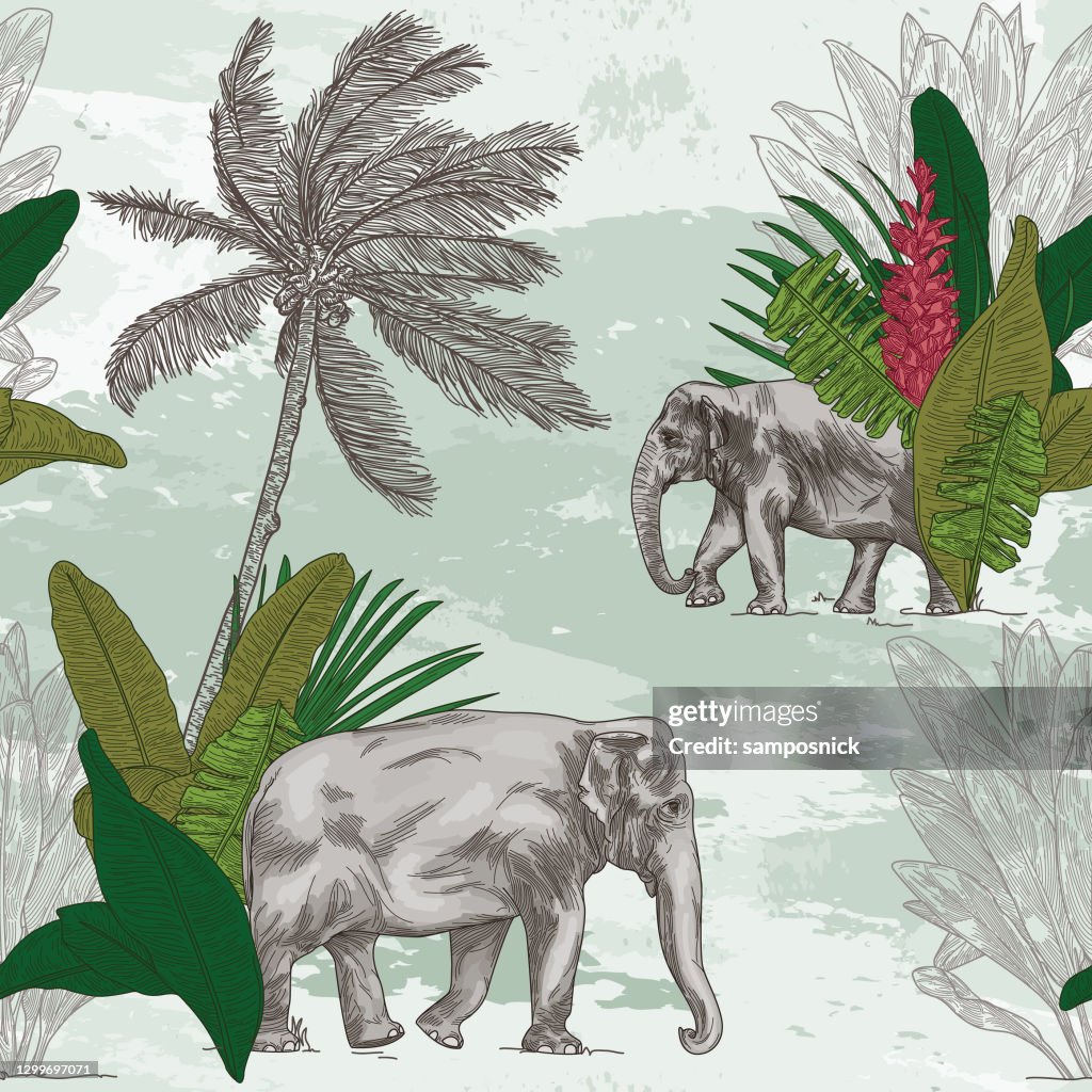 British Colonial Tropical Elephant Seamless Pattern