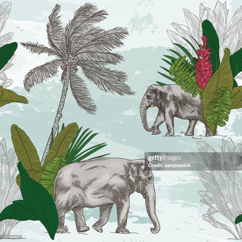 British Colonial Tropical Elephant Seamless Pattern
