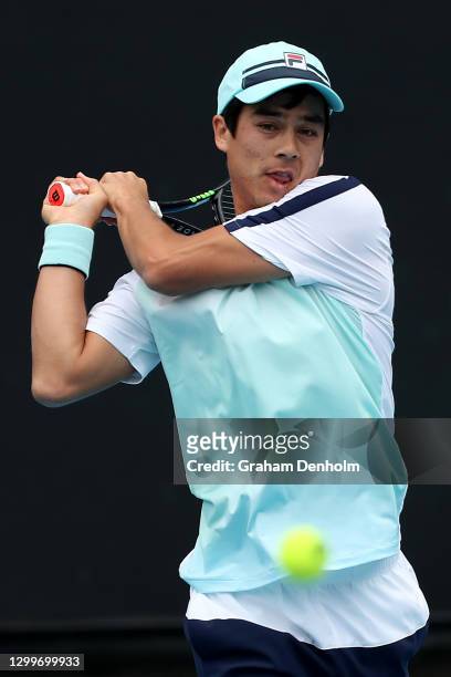 Mackenzie McDonald of the United States plays a backhand during his match against Richard Gasquet of France during day one of the ATP 250 Murray...