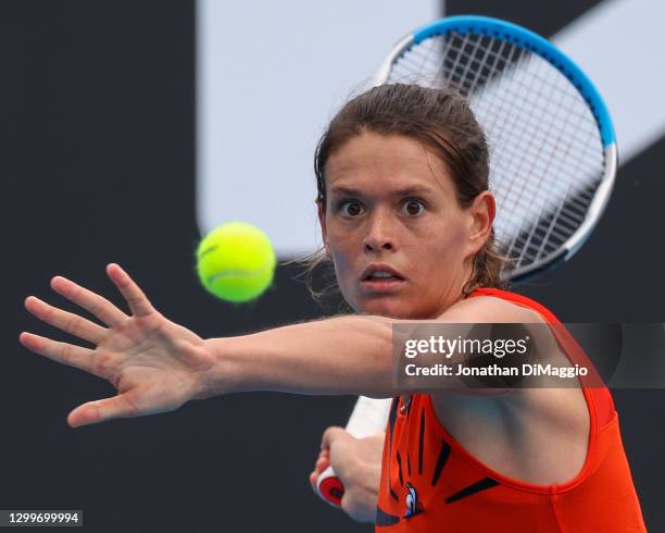 Chloe Paquet of France plays a forehand in her singles match against Destanee Aiava of Australia during day two of the WTA 500 Gippsland Trophy at...