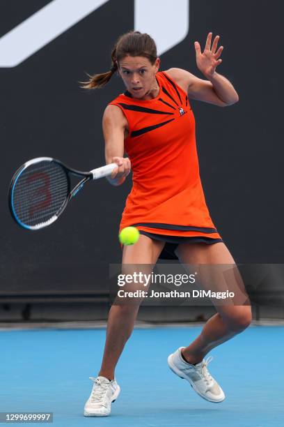 Chloe Paquet of France plays a forehand in her singles match against Destanee Aiava of Australia during day two of the WTA 500 Gippsland Trophy at...