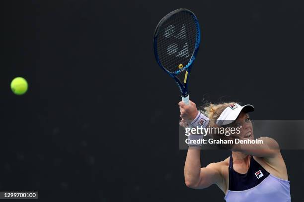 Laura Siegemund of Germany plays a backhand during her match against Monica Niculescu of Romania of during day two of the WTA 500 Gippsland Trophy at...