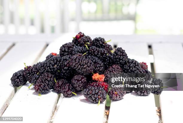 fresh mulberry on wodden table - mulberry fruit stock pictures, royalty-free photos & images