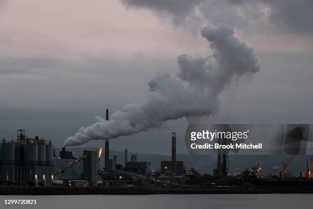 General view of the steelworks and coal loading facility in Port Kembla on February 01, 2021 in Wollongong, Australia. Coal mining operations are set...