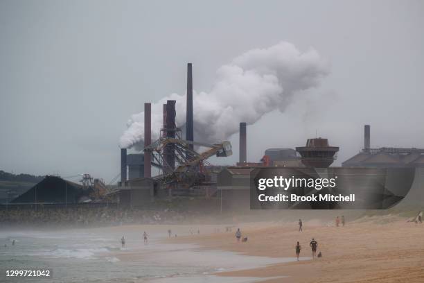 General view of the steelworks and coal loading facility in Port Kembla on February 01, 2021 in Wollongong, Australia. Coal mining operations are set...