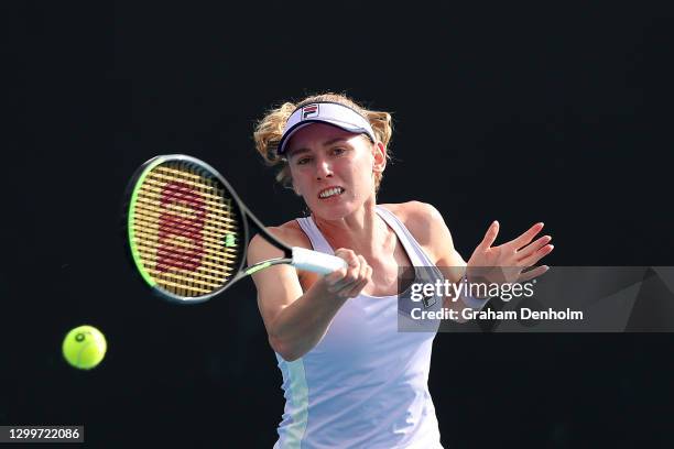 Ekaterina Alexandrova of Russia plays a forehand in her match against Anna Karolina Schmiedlova of Slovakia during day two of the WTA 500 Gippsland...