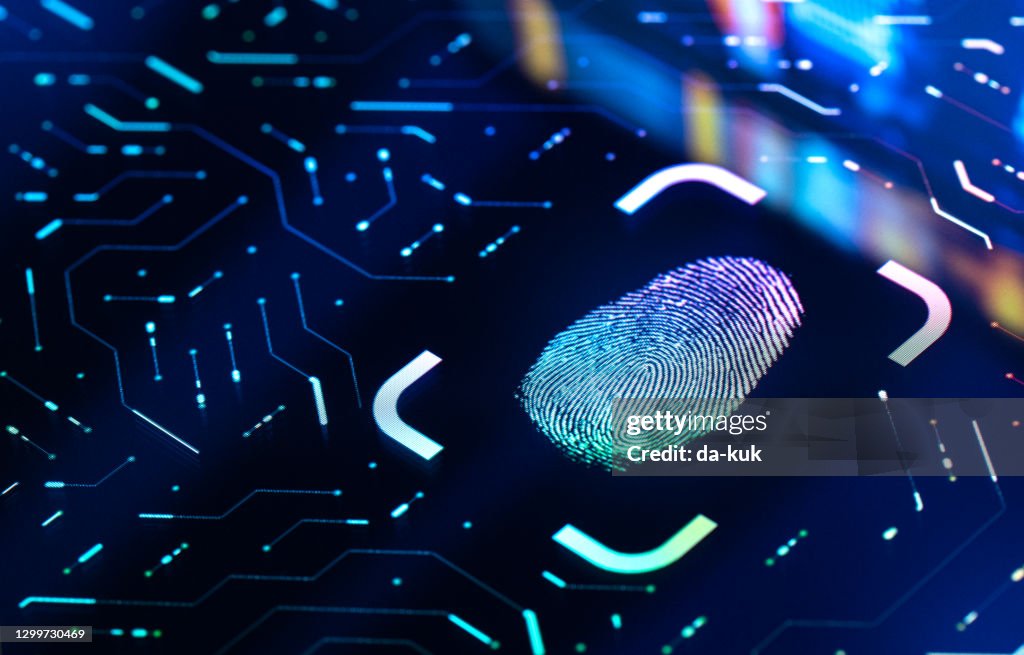 Bouton d’authentification biométrique des empreintes digitales. Concept de sécurité numérique