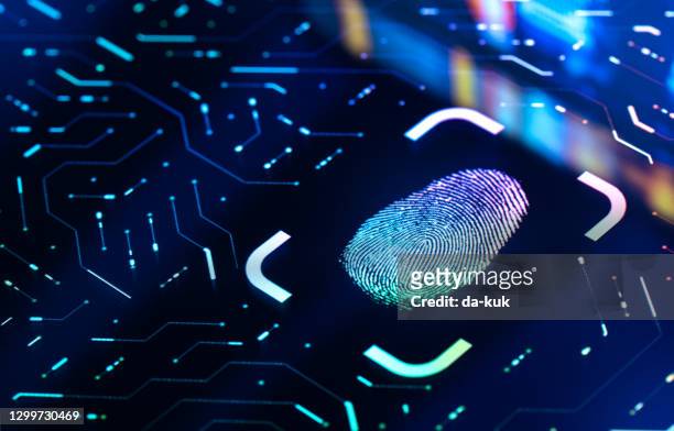 fingerprint biometric authentication button. digital security concept - crime informático imagens e fotografias de stock