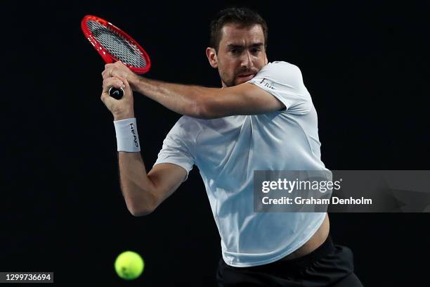 Marin Cilic of Croatia plays a backhand in his match against Jeremy Chardy of France during day one of the ATP 250 Murray River Open at Melbourne...