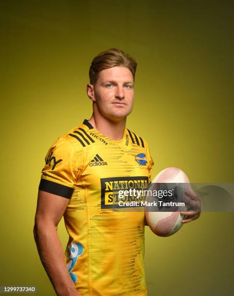 Jordie Barrett poses during the Hurricanes 2021 Super Rugby Aotearoa team headshots session at Rugby League Park on February 1, 2021 in Wellington,...