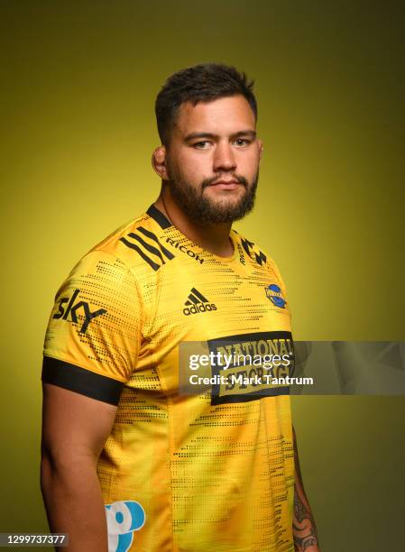 Tyrel Lomax poses during the Hurricanes 2021 Super Rugby Aotearoa team headshots session at Rugby League Park on February 1, 2021 in Wellington, New...